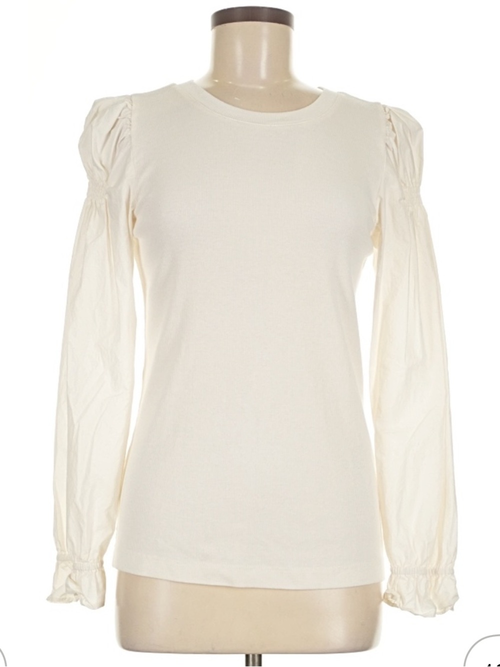 LOFT White Round Neck Ribbed Knit Puff Sleeve Smocked Cuff Top Women's